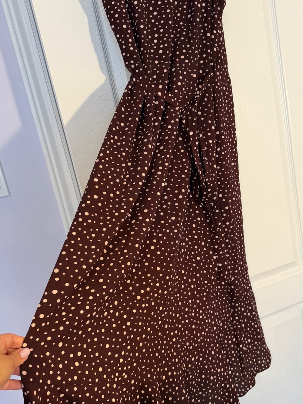 Max Studio Brown Polka Dot Ruffle Wrap Midi Dress Size L - Picture 13 of 14